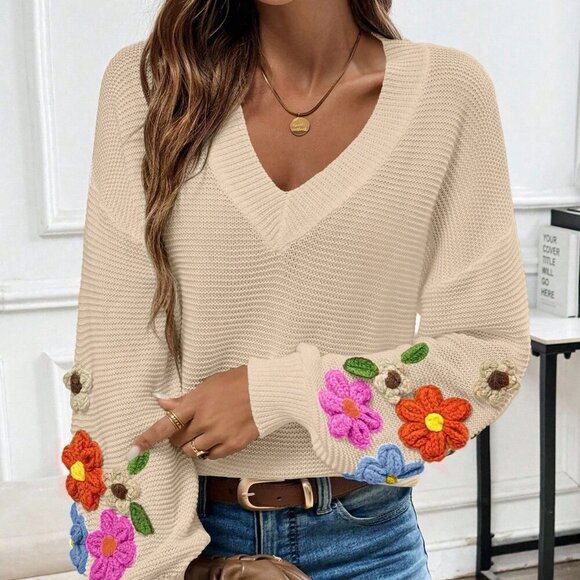 Apricot Casual Women's V-Neck Crochet Lantern Sleeve Pullover Sweater - Picture 2 of 7